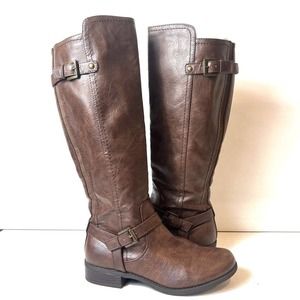 G by Guess Women's 10M Side Zip Knee High Tall Riding Boots Brown Buckle Leather